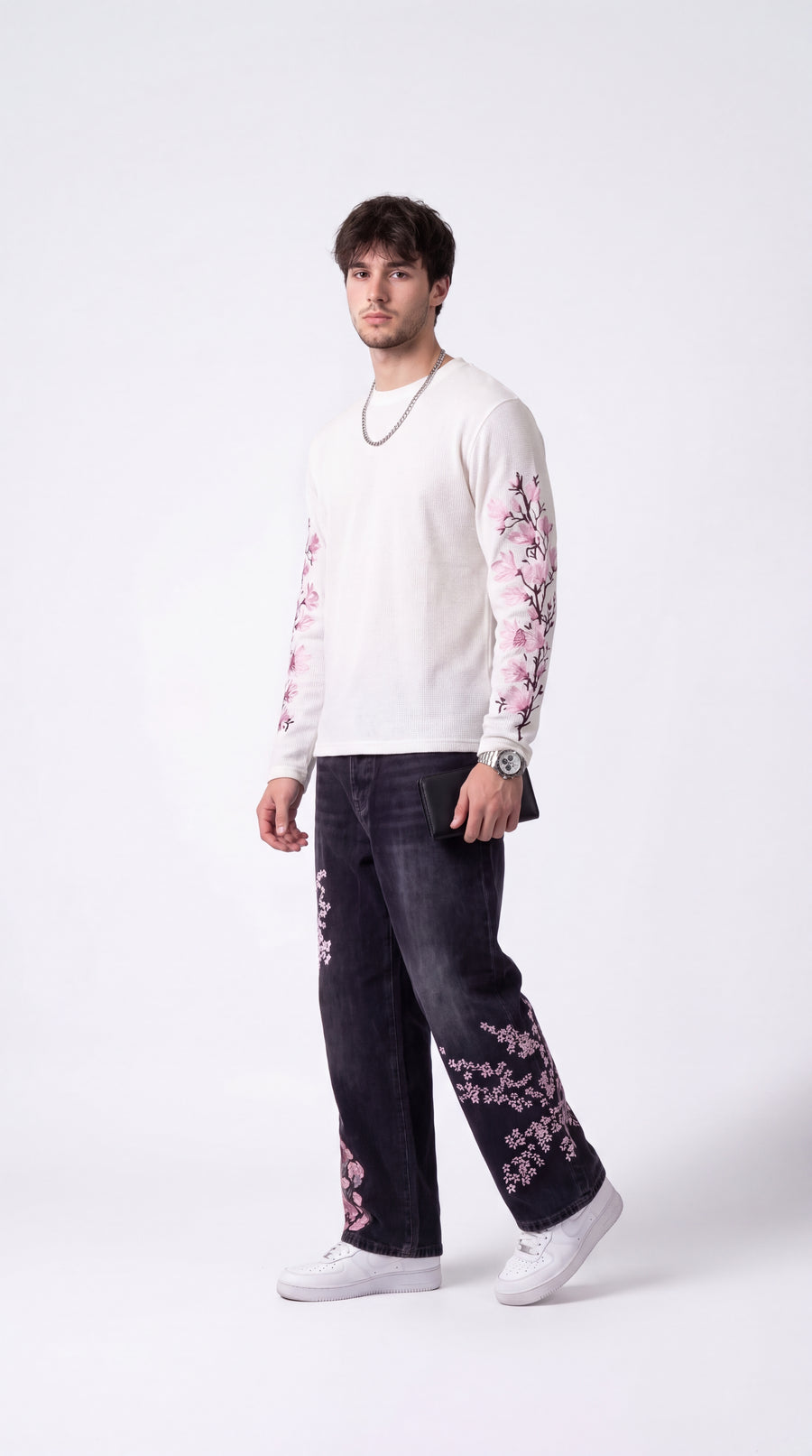ZYRO — Mokuren embroidered knit tee with Koujou workwear wide-leg jeans
