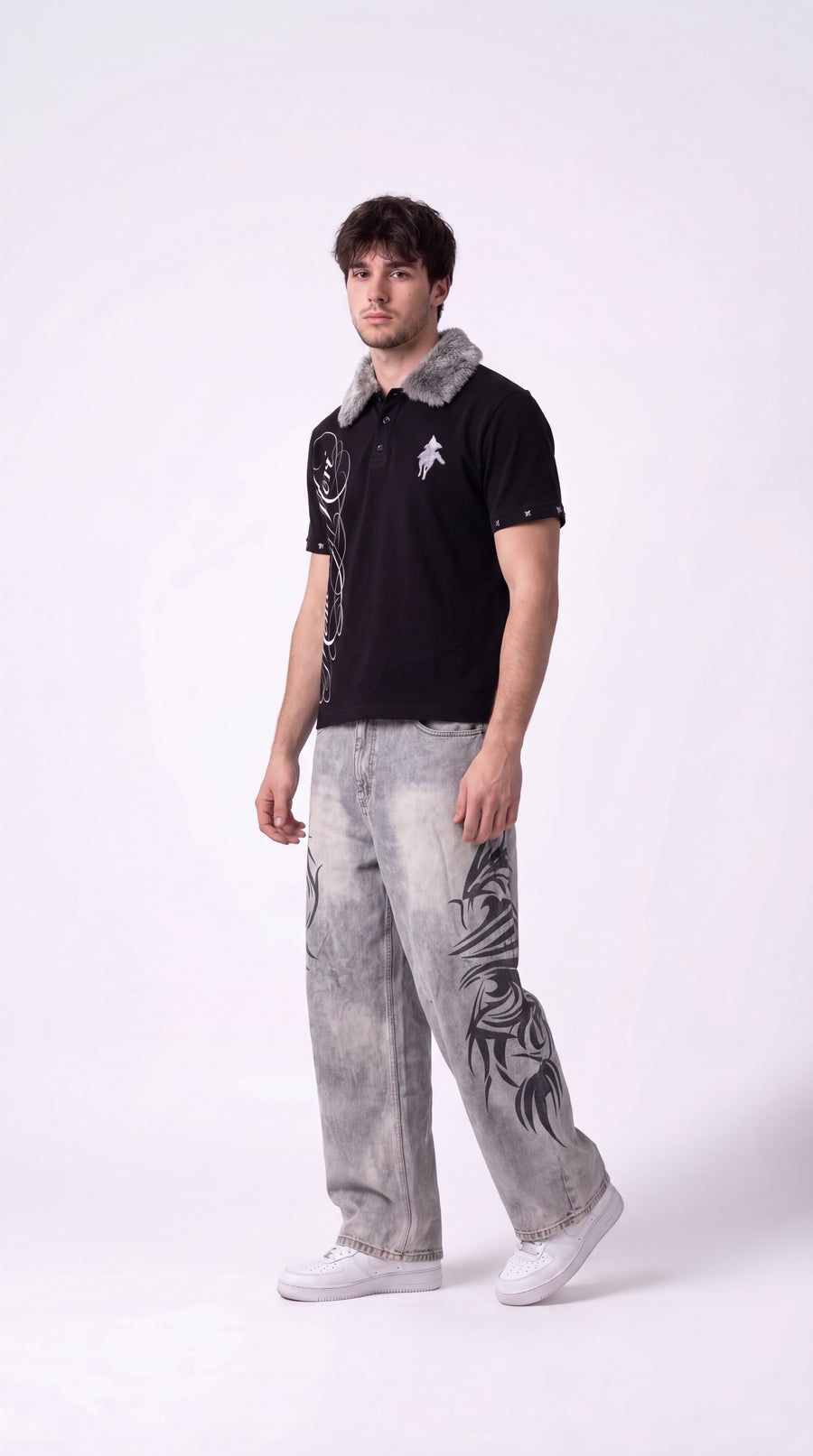 ZYRO — Rivet camp shirt with detachable fur collar and Kasumi print baggy jeans