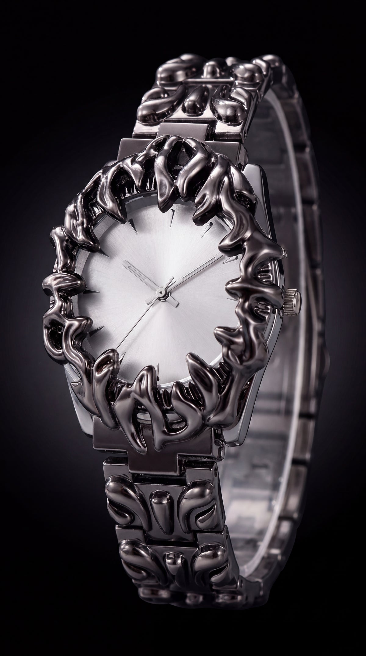 Y2K gothic quartz watch with a silver dial and gunmetal claw bezel