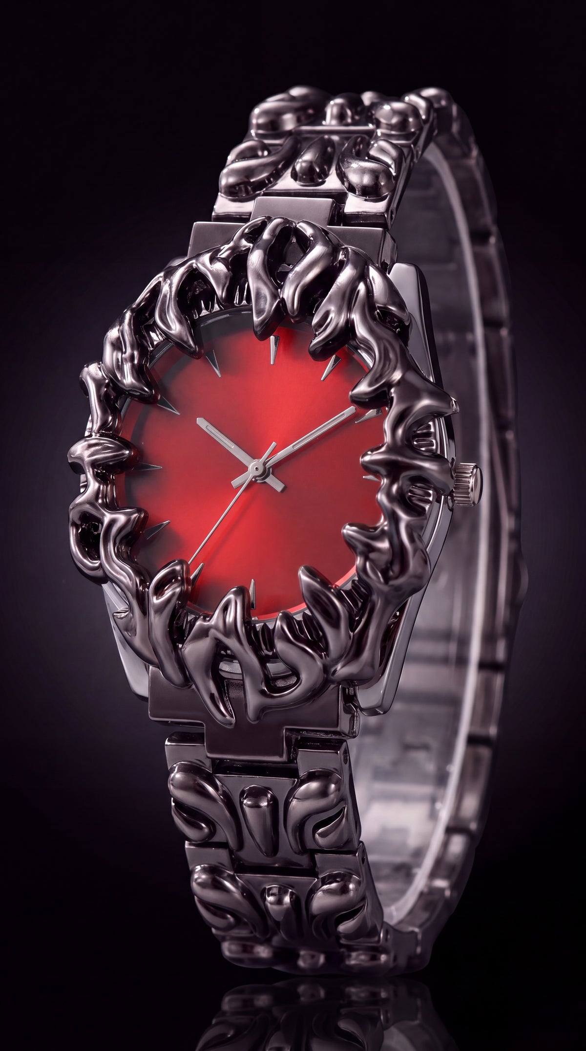 Y2K gothic quartz watch with a red dial and gunmetal claw bezel