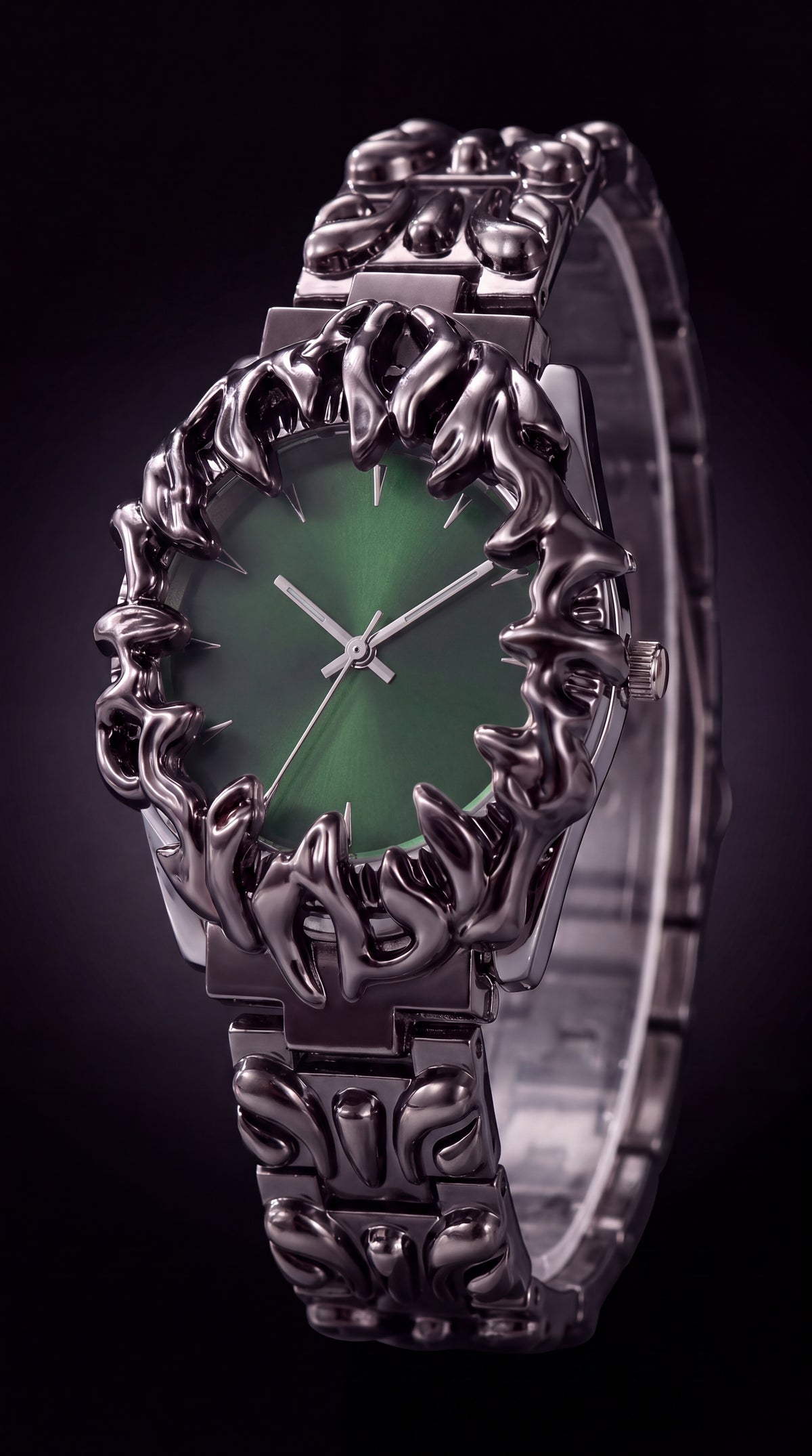 Y2K gothic quartz watch with a green dial and gunmetal claw bezel