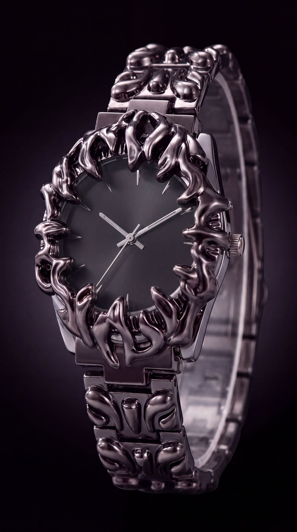 Y2K gothic quartz watch with a black dial and gunmetal claw bezel