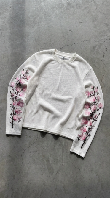 ZYRO Mokuren long sleeve knit tee with an embroidered magnolia