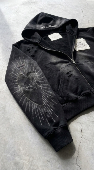 Oversized full-zip hooded sweatshirt with front and back graphics